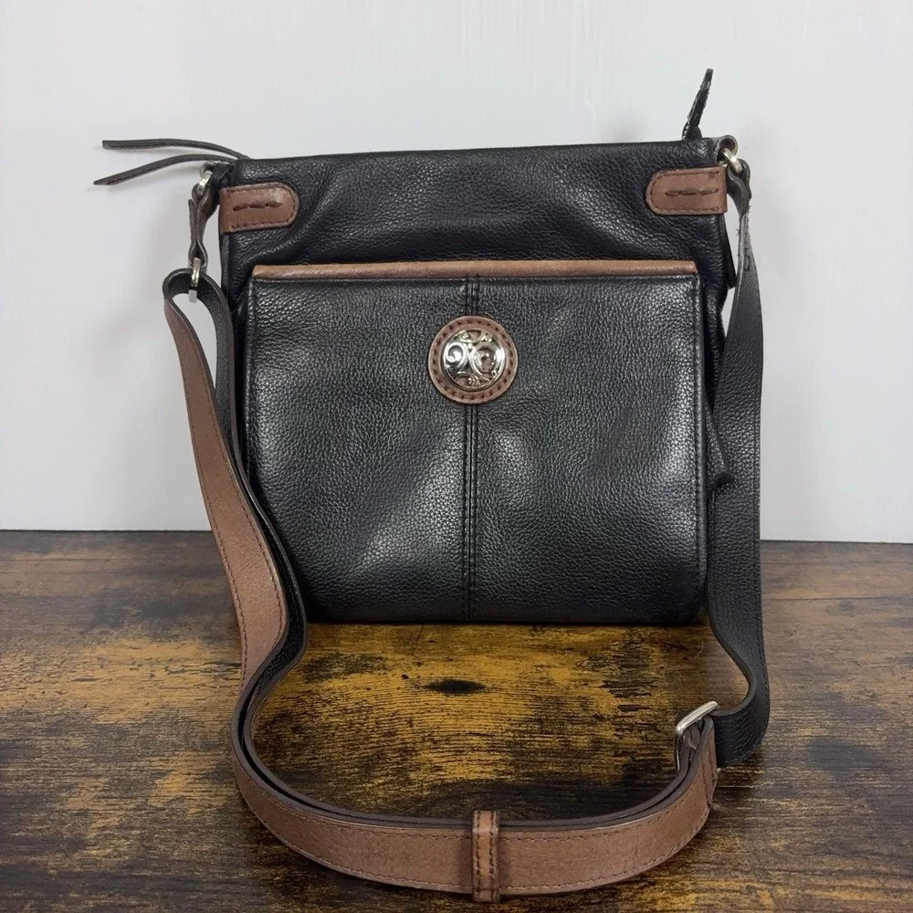 Brighton Selena Organizer Crossbody Bag Black Brown Leather Adjustable Zip Top